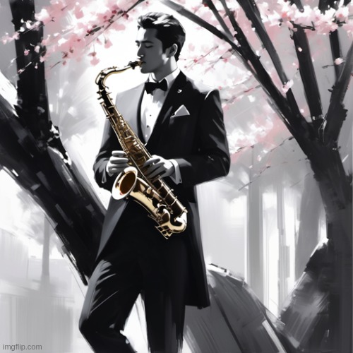 a young gentleman handsome billionaire magician elegantly dressed playing saxophone under sakura treee | image tagged in sakura | made w/ Imgflip meme maker
