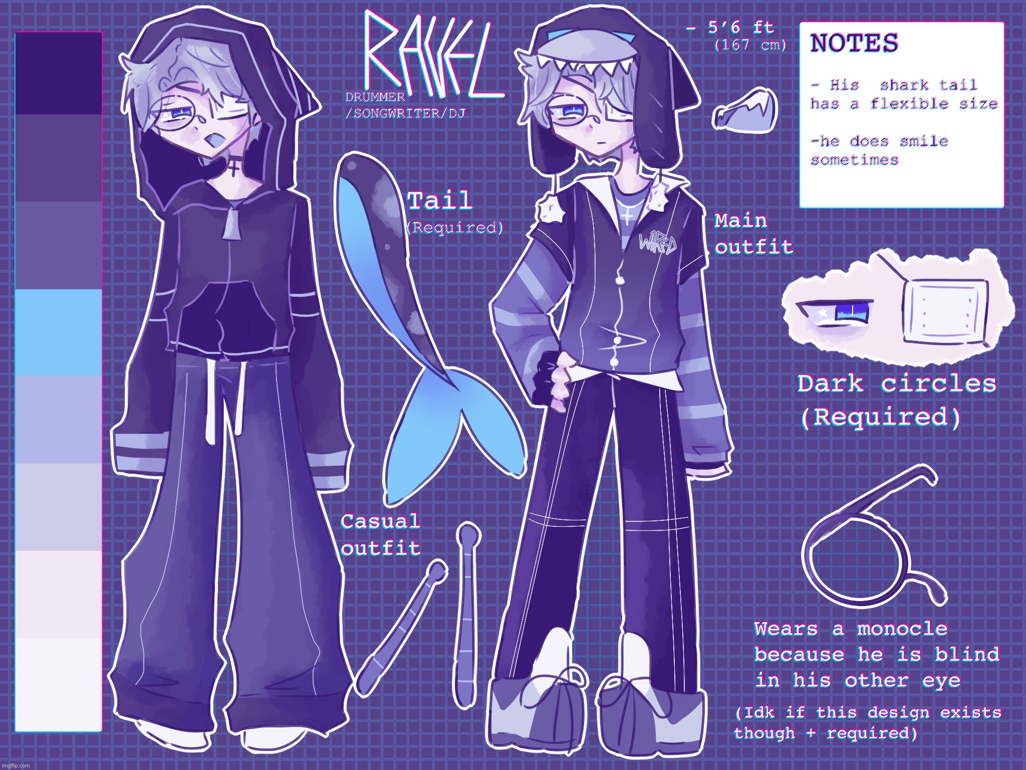 Ok 1 more proper ref for the oc until the band is completed (info in image desc) | [ABOUT] HE/HIM, 26, A VERSATILE SHARK DRUMMER, DJ AND SONGWRITER | HE IS MOSTLY KNOWN FOR HIS SHORT HEIGHT. ALMOST THE POLAR OPPOSITE OF ALT, HE IS ONLY A LITTLE UNDER 5’6 FT TALL (IS IT CONSIDERED SHORT? HE MAY BE TALL TO SOME IDK) AND IS PESSIMISTIC, QUIET, AND RARELY SMILES, BUT HE IS CONSIDERATE. HE IS EXTREMELY EMOTIONALLY SENSITIVE, AND BURSTS OUT CRYING AT TIMES LIKE A TEENAGER IN PUBERTY. HE IS SOMEWHAT CHILDISH AND IS STILL PICKY ABOUT HIS FOOD. HE IS EVEN SHYER AND SLIGHTLY HATES SOCIALIZATION. USUALLY SPENDS MOST THE TIME IN THE STUDIO AND PRETTY MUCH LIVES THERE. DUE TO AN INCURABLE DISEASE THAT AFFECTED HIM WHEN HE WAS LITTLE HE IS BLIND IN ONE EYE. HE RECENTLY DEBUTED AS A RADIO DJ | made w/ Imgflip meme maker