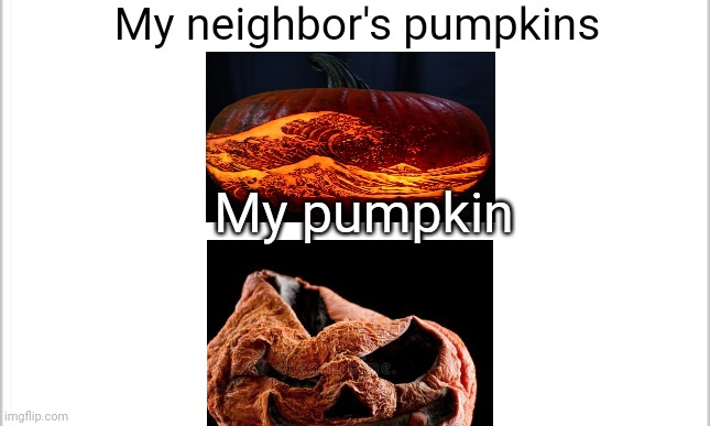 This template was too small | My neighbor's pumpkins; My pumpkin | image tagged in white background | made w/ Imgflip meme maker