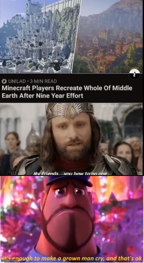 image tagged in it's enough to make a grown man cry and that's ok,my friends you bow to no one,memes,lord of the rings,minecraft,video games | made w/ Imgflip meme maker