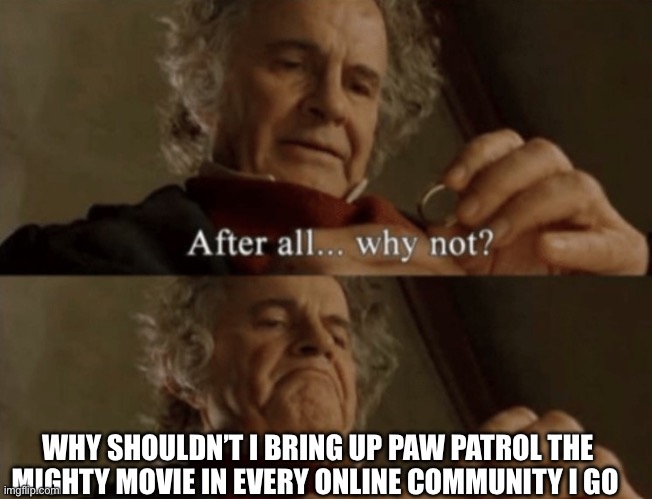 I’m coming and you better brace for impact | WHY SHOULDN’T I BRING UP PAW PATROL THE MIGHTY MOVIE IN EVERY ONLINE COMMUNITY I GO | image tagged in after all why not | made w/ Imgflip meme maker
