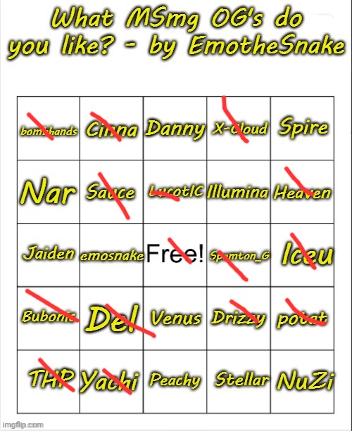What MSmg OG's do you like? - bingo by EmotheSnake | image tagged in what msmg og's do you like - bingo by emothesnake | made w/ Imgflip meme maker