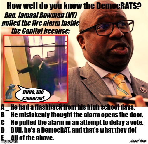democrat pulls fire alarm to delay vote | How well do you know the DemocRATS? Rep. Jamaal Bowman (NY)
pulled the fire alarm inside
the Capitol because:; Dude, the
cameras! A _ He had a flashback from his high school days. 
B _ He mistakenly thought the alarm opens the door.
C _ He pulled the alarm in an attempt to delay a vote.
D _ DUH, he's a DemocRAT, and that's what they do!
E  _ All of the above. Angel Soto | image tagged in rep jamaal bowman d-ny,democrats,congress,capitol hill,flashback,vote | made w/ Imgflip meme maker