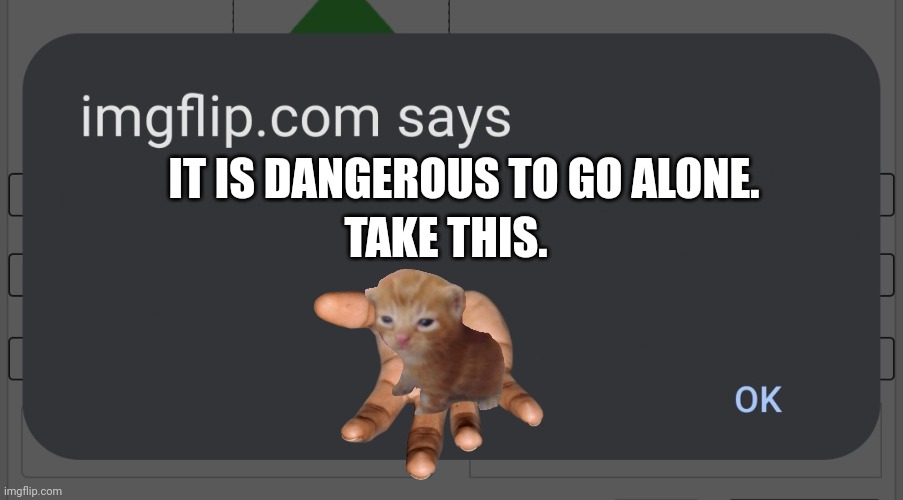 TAKE THIS. IT IS DANGEROUS TO GO ALONE. | image tagged in it is dangerous to go alone,kitten,imgflip,take this | made w/ Imgflip meme maker