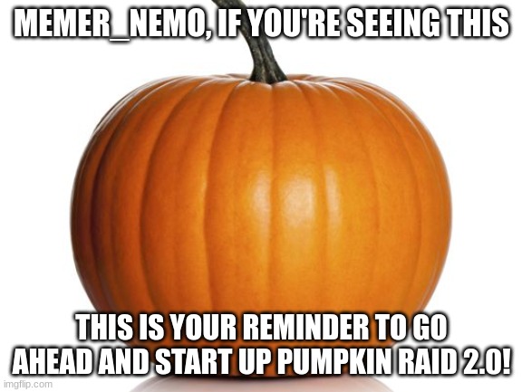 PLZ | MEMER_NEMO, IF YOU'RE SEEING THIS; THIS IS YOUR REMINDER TO GO AHEAD AND START UP PUMPKIN RAID 2.0! | image tagged in pumpkin | made w/ Imgflip meme maker