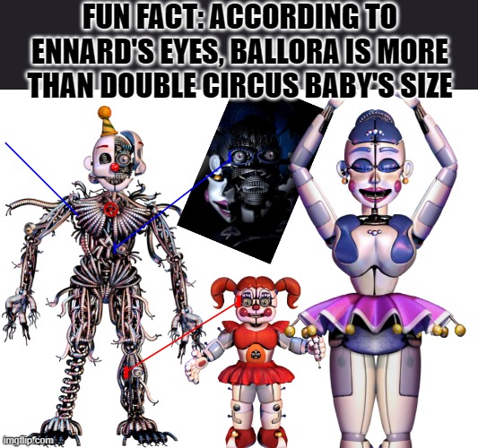 Why is fnaf like this | FUN FACT: ACCORDING TO ENNARD'S EYES, BALLORA IS MORE THAN DOUBLE CIRCUS BABY'S SIZE | image tagged in fnaf,size | made w/ Imgflip meme maker
