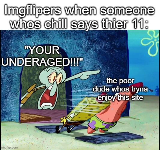 tbh if people actually listened to the No porn rule in the TOS, and site mods did thier job right, underaged ppl can be here | Imgflipers when someone whos chill says thier 11:; "YOUR UNDERAGED!!!"; the poor dude whos tryna enjoy this site | image tagged in yelling squidward | made w/ Imgflip meme maker