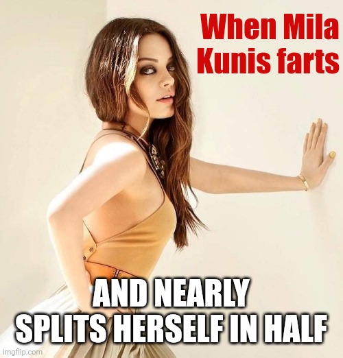 Mila Kunis | When Mila Kunis farts; AND NEARLY SPLITS HERSELF IN HALF | image tagged in mila kunis | made w/ Imgflip meme maker