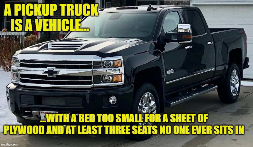 Pick Up? | A PICKUP TRUCK IS A VEHICLE... ...WITH A BED TOO SMALL FOR A SHEET OF PLYWOOD AND AT LEAST THREE SEATS NO ONE EVER SITS IN | image tagged in josh's dream truck,truck,pickup | made w/ Imgflip meme maker