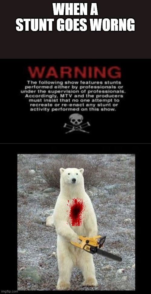 WHEN A STUNT GOES WORNG | image tagged in jackass warning,memes,chainsaw bear | made w/ Imgflip meme maker