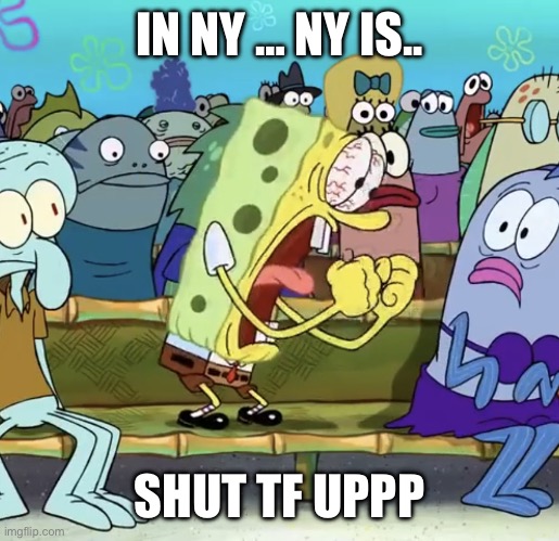 ? | IN NY … NY IS.. SHUT TF UPPP | image tagged in spongebob yelling | made w/ Imgflip meme maker