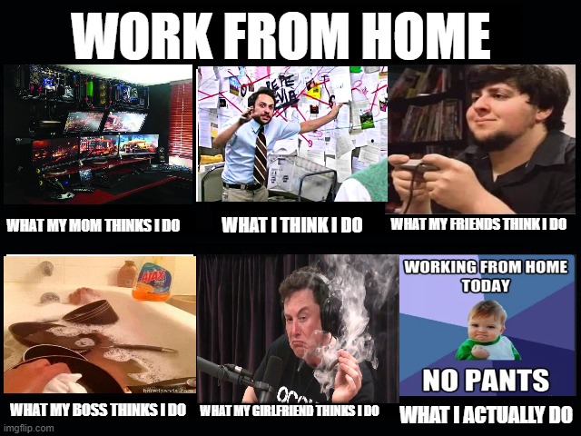 work from home | WORK FROM HOME; WHAT MY MOM THINKS I DO; WHAT MY FRIENDS THINK I DO; WHAT I THINK I DO; WHAT MY BOSS THINKS I DO; WHAT MY GIRLFRIEND THINKS I DO; WHAT I ACTUALLY DO | image tagged in what my friends think i do | made w/ Imgflip meme maker
