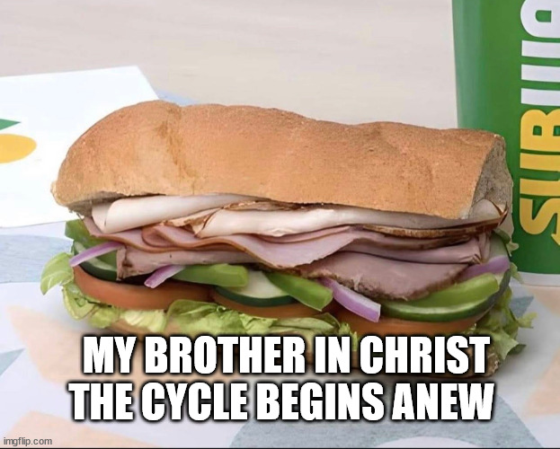 there's context to this, but just accept the sandwich | THE CYCLE BEGINS ANEW; MY BROTHER IN CHRIST | image tagged in subway,sandwich | made w/ Imgflip meme maker