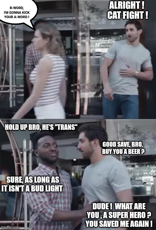 Bro, Not Cool. | B-WORD, I'M GONNA KICK YOUR A-WORD ! ALRIGHT !  CAT FIGHT ! HOLD UP BRO, HE'S "TRANS" GOOD SAVE, BRO.  BUY YOU A BEER ? SURE, AS LONG AS IT  | image tagged in bro not cool | made w/ Imgflip meme maker