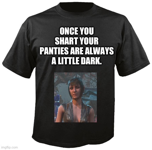 Shart shirt BG3 | ONCE YOU SHART YOUR PANTIES ARE ALWAYS A LITTLE DARK. | image tagged in blank t-shirt | made w/ Imgflip meme maker