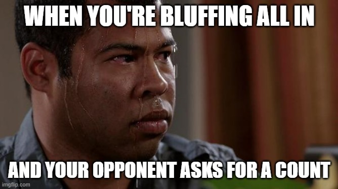 sweating bullets | WHEN YOU'RE BLUFFING ALL IN; AND YOUR OPPONENT ASKS FOR A COUNT | image tagged in sweating bullets | made w/ Imgflip meme maker