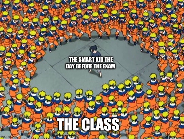 Naruto clone jutsu | THE SMART KID THE DAY BEFORE THE EXAM; THE CLASS | image tagged in naruto clone jutsu | made w/ Imgflip meme maker