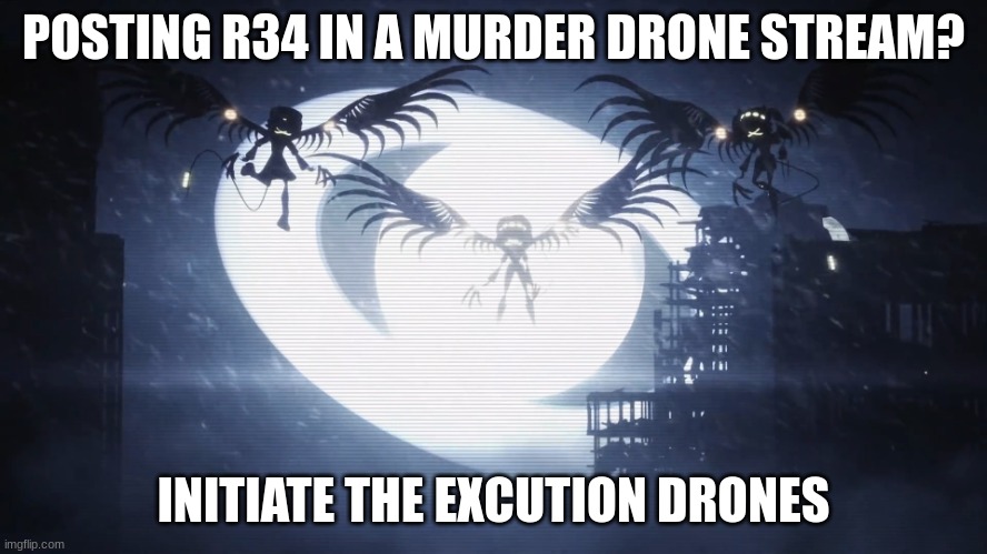 Disassembly Drones | POSTING R34 IN A MURDER DRONE STREAM? INITIATE THE EXECUTION DRONES | image tagged in disassembly drones | made w/ Imgflip meme maker