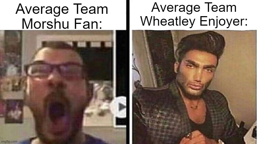 virgin vs chad | Average Team
Morshu Fan:; Average Team
Wheatley Enjoyer: | image tagged in virgin vs chad | made w/ Imgflip meme maker
