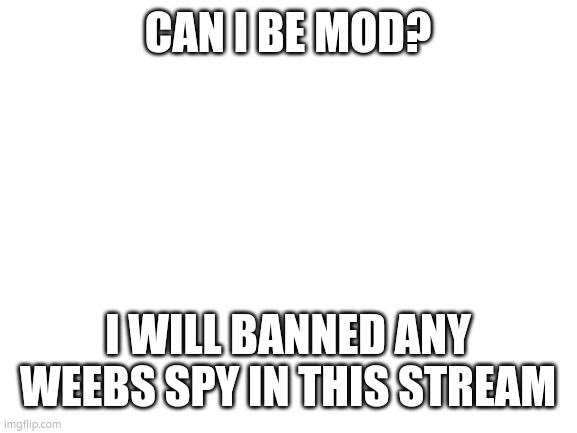 Blank White Template | CAN I BE MOD? I WILL BANNED ANY WEEBS SPY IN THIS STREAM | image tagged in blank white template,mods | made w/ Imgflip meme maker