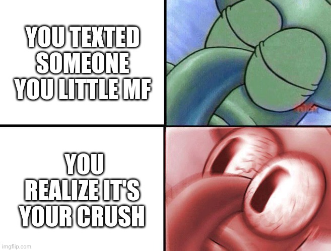This actually happened to me it gave me a heart attack | YOU TEXTED SOMEONE YOU LITTLE MF; YOU REALIZE IT'S YOUR CRUSH | image tagged in sleeping squidward | made w/ Imgflip meme maker