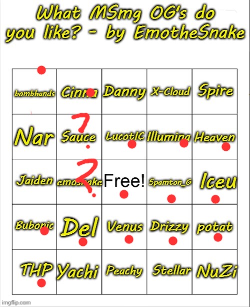 What MSmg OG's do you like? - bingo by EmotheSnake | image tagged in what msmg og's do you like - bingo by emothesnake | made w/ Imgflip meme maker