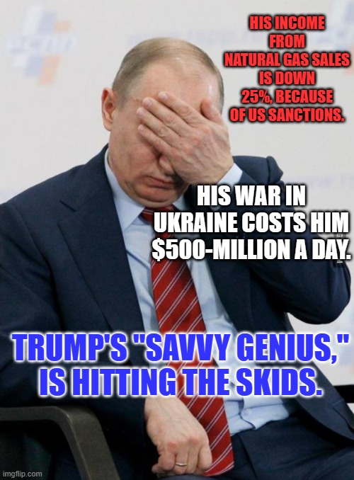 All of his attempts to sabotage our economy have failed, much to MAGA's chagrin. | HIS INCOME FROM NATURAL GAS SALES IS DOWN 25%, BECAUSE OF US SANCTIONS. HIS WAR IN UKRAINE COSTS HIM $500-MILLION A DAY. TRUMP'S "SAVVY GENIUS," IS HITTING THE SKIDS. | image tagged in putin facepalm | made w/ Imgflip meme maker