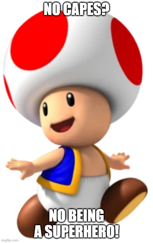 Toad's 2nd No being a Superhero Meme | NO CAPES? NO BEING A SUPERHERO! | image tagged in toad mario toadstool | made w/ Imgflip meme maker