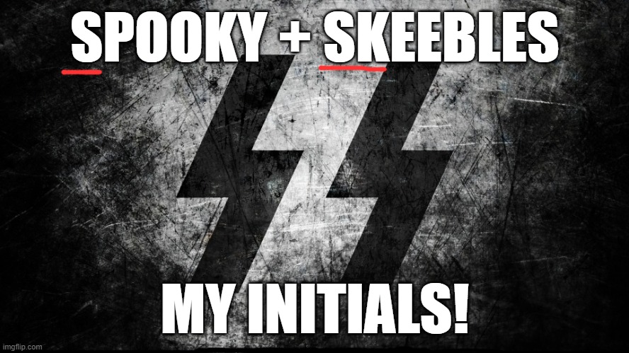 i made a horrible discovery | SPOOKY + SKEEBLES; MY INITIALS! | image tagged in ss waffen nazi wallpaper | made w/ Imgflip meme maker