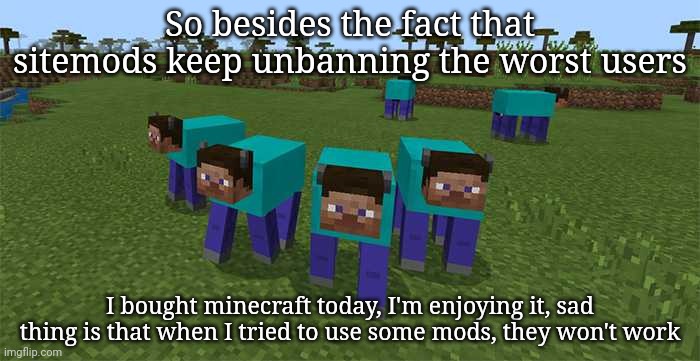 Positive note to the umbanning of TCK, is that he can't post any of his regular shit because of the nsfw rule we have | So besides the fact that sitemods keep unbanning the worst users; I bought minecraft today, I'm enjoying it, sad thing is that when I tried to use some mods, they won't work | image tagged in me and the boys | made w/ Imgflip meme maker