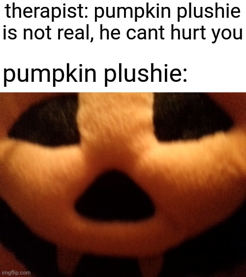 O_O | therapist: pumpkin plushie is not real, he cant hurt you; pumpkin plushie: | image tagged in memes,funny,october | made w/ Imgflip meme maker