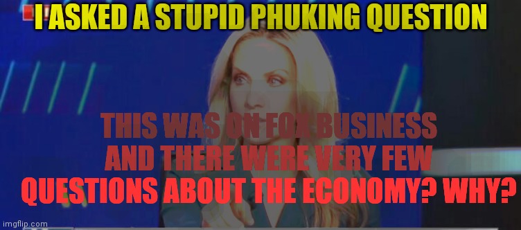 Dana P | I ASKED A STUPID PHUKING QUESTION THIS WAS ON FOX BUSINESS AND THERE WERE VERY FEW QUESTIONS ABOUT THE ECONOMY? WHY? | image tagged in dana p | made w/ Imgflip meme maker