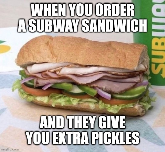 The AI only likes Fun Stream Memes | WHEN YOU ORDER A SUBWAY SANDWICH; AND THEY GIVE YOU EXTRA PICKLES | image tagged in subway sandwich | made w/ Imgflip meme maker