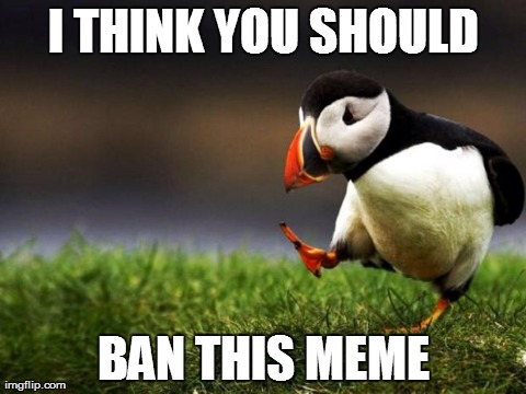 Unpopular Opinion Puffin | I THINK YOU SHOULD BAN THIS MEME | image tagged in memes,unpopular opinion puffin | made w/ Imgflip meme maker
