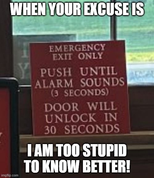 innocent until proven stupid | WHEN YOUR EXCUSE IS; I AM TOO STUPID TO KNOW BETTER! | image tagged in stupid,stupid people,liar,liars,trump | made w/ Imgflip meme maker