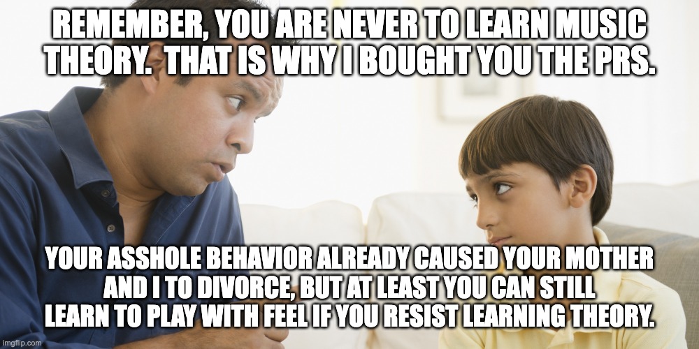 father-son argument | REMEMBER, YOU ARE NEVER TO LEARN MUSIC THEORY.  THAT IS WHY I BOUGHT YOU THE PRS. YOUR ASSHOLE BEHAVIOR ALREADY CAUSED YOUR MOTHER
AND I TO DIVORCE, BUT AT LEAST YOU CAN STILL LEARN TO PLAY WITH FEEL IF YOU RESIST LEARNING THEORY. | image tagged in father-son argument | made w/ Imgflip meme maker