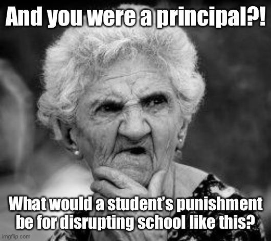 confused old lady | And you were a principal?! What would a student’s punishment be for disrupting school like this? | image tagged in confused old lady | made w/ Imgflip meme maker