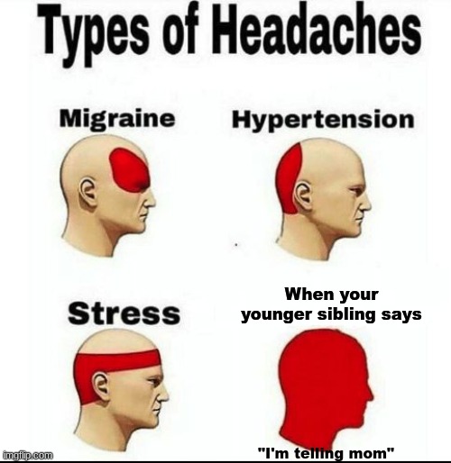 Types of Headaches meme | When your younger sibling says; "I'm telling mom" | image tagged in types of headaches meme | made w/ Imgflip meme maker