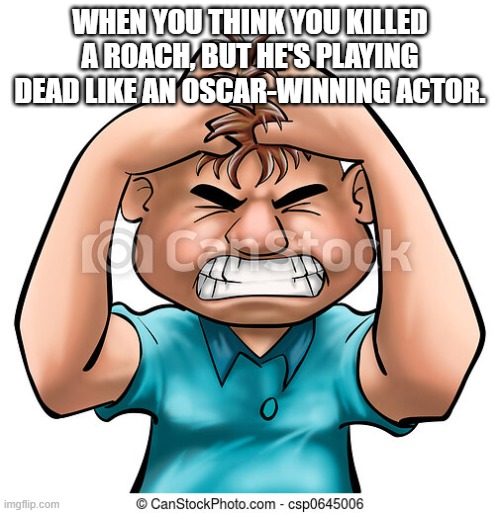 WHEN YOU THINK YOU KILLED A ROACH, BUT HE'S PLAYING DEAD LIKE AN OSCAR-WINNING ACTOR. | made w/ Imgflip meme maker