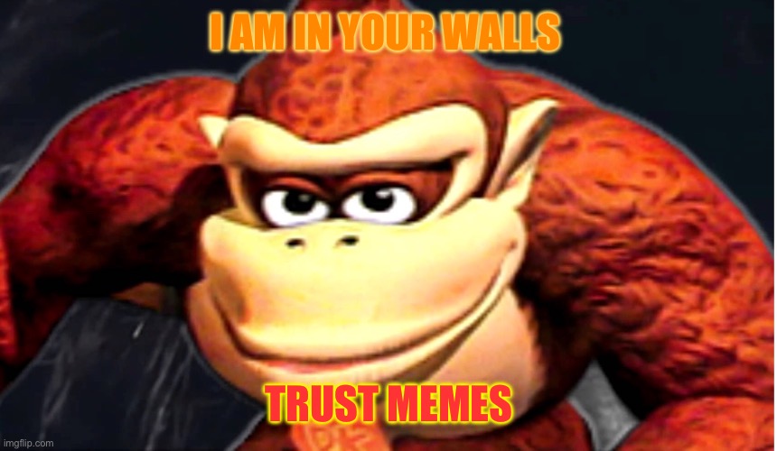 Donkey walls | I AM IN YOUR WALLS; TRUST MEMES | image tagged in donkey kong s seducing face | made w/ Imgflip meme maker
