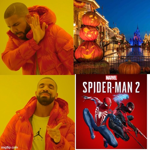 forget halloween, we bout to witness the masterpiece this month :D | image tagged in memes,drake hotline bling,spiderman,playstation,halloween | made w/ Imgflip meme maker