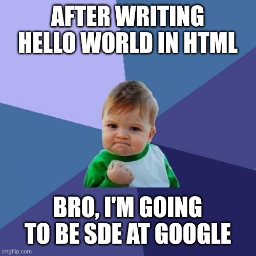 After writing hello world in html | AFTER WRITING HELLO WORLD IN HTML; BRO, I'M GOING TO BE SDE AT GOOGLE | image tagged in memes,success kid,programming,code | made w/ Imgflip meme maker