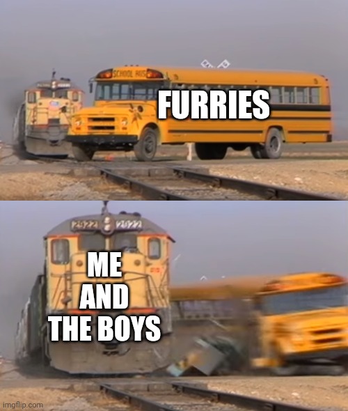A train hitting a school bus | FURRIES; ME AND THE BOYS | image tagged in a train hitting a school bus | made w/ Imgflip meme maker