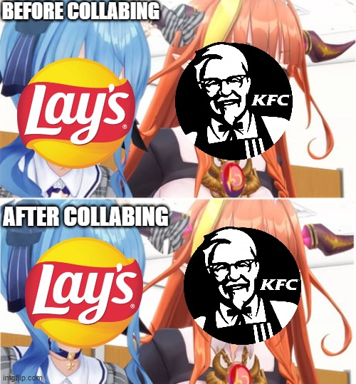 KFC x Lay's - before and after... | BEFORE COLLABING; AFTER COLLABING | image tagged in hololive,lays chips x kfc,suisei and coco,company collab | made w/ Imgflip meme maker