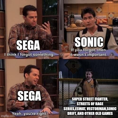 I think I forgot something | SEGA SONIC SEGA SUPER STREET FIGHTER, STREETS OF RAGE SERIES,ESWAT, VECTORMAN,SONIC DRIFT, AND OTHER OLD GAMES | image tagged in i think i forgot something | made w/ Imgflip meme maker