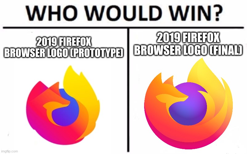 Who Would Win? | 2019 FIREFOX BROWSER LOGO (FINAL); 2019 FIREFOX BROWSER LOGO (PROTOTYPE) | image tagged in memes,who would win,firefox | made w/ Imgflip meme maker