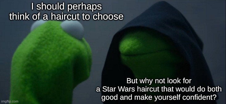 Yes, I need suggestions. | I should perhaps think of a haircut to choose; But why not look for
a Star Wars haircut that would do both good and make yourself confident? | image tagged in memes,evil kermit | made w/ Imgflip meme maker