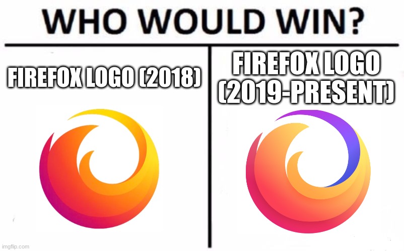 Who Would Win? Meme | FIREFOX LOGO (2018); FIREFOX LOGO (2019-PRESENT) | image tagged in memes,who would win,firefox | made w/ Imgflip meme maker