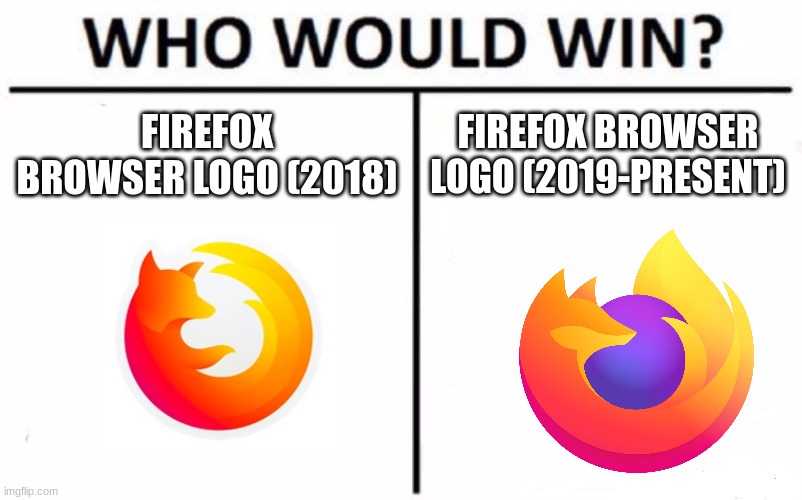 Who Would Win? Meme | FIREFOX BROWSER LOGO (2018); FIREFOX BROWSER LOGO (2019-PRESENT) | image tagged in memes,who would win,firefox | made w/ Imgflip meme maker