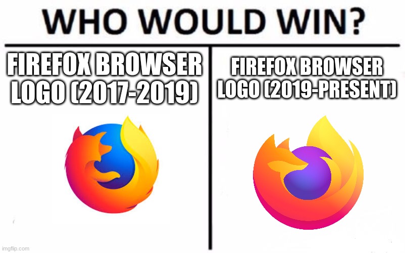 Who Would Win? | FIREFOX BROWSER LOGO (2017-2019); FIREFOX BROWSER LOGO (2019-PRESENT) | image tagged in memes,who would win | made w/ Imgflip meme maker